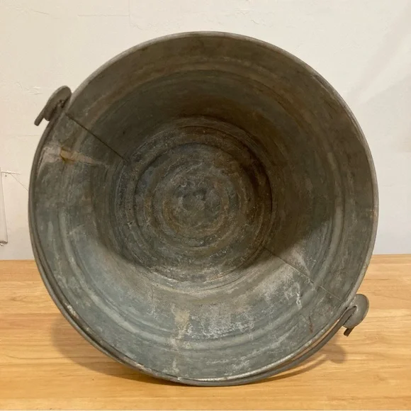 Old Galvanized Bucket with Distressed Finish Writing & Sticker 9” Tall - Picture 11 of 16